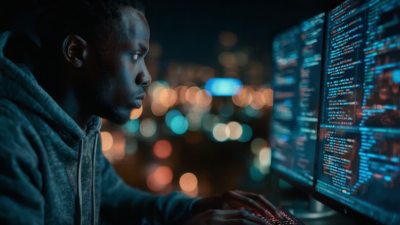 A Focused Programmer Analyzing Code on Multiple Monitors Amidst a Cityscape: The Art of Problem Solving and Innovation in the Digital Era