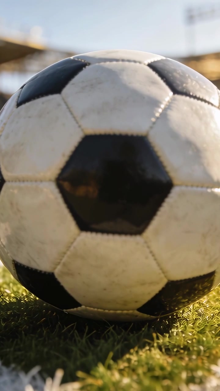 Video vertical: Cámara haciendo zoom mostrando un balón de fútbol desgastado sobre césped artificial en la línea blanca, revelando las costuras