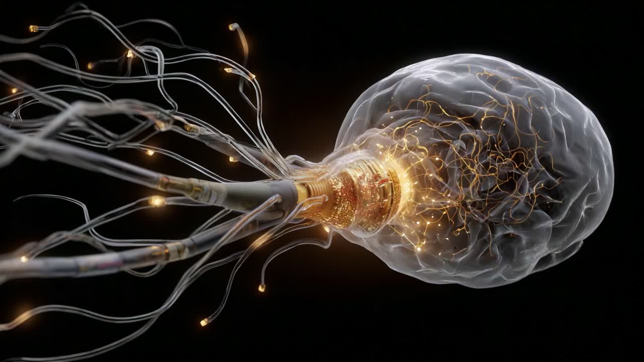 Futuristic Fusion of Technology and Biology: An Imaginative Representation of a Neural Network with Electric Tendrils Emanating from a Transparent Brain Structure in Dynamic Motion