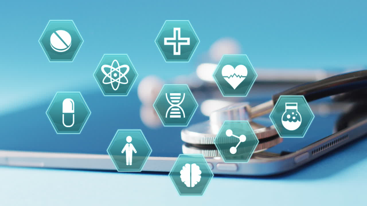 태블릿과 스테토스코프에서 의료 아이콘의 애니메이션