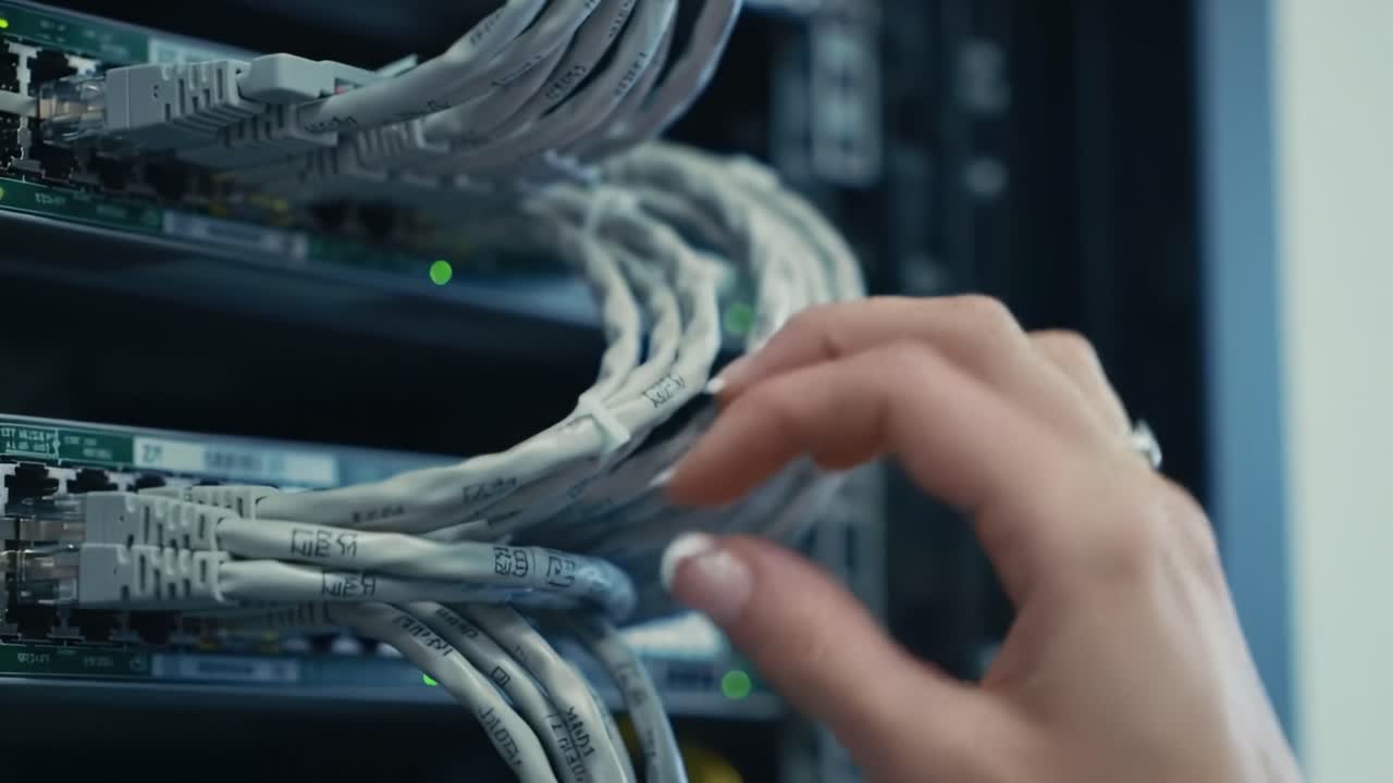 A skilled technician is carefully organizing and troubleshooting network cables in a data center late at night. LED lights indicate active connections as equipment is maintained.