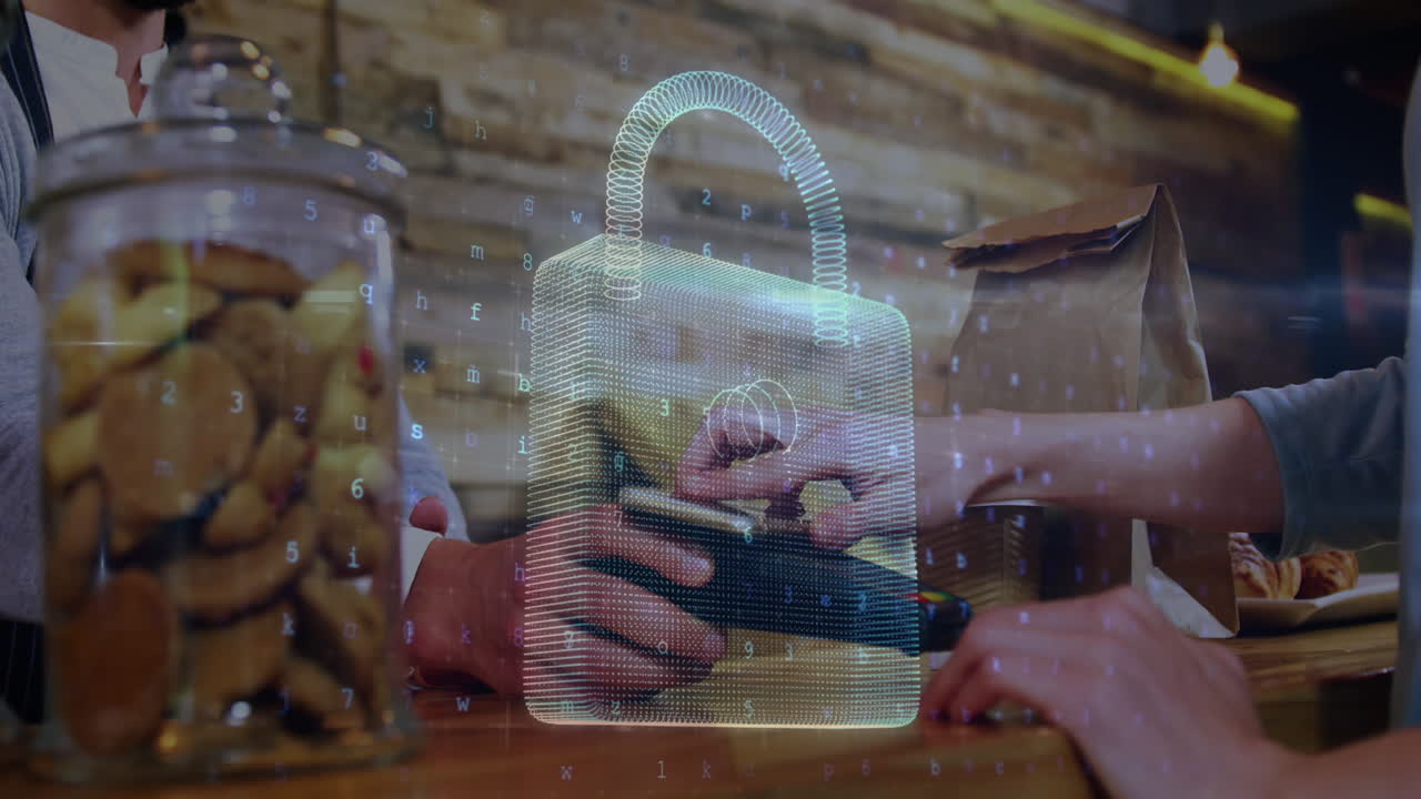 animación del candado de seguridad de la red sobre las personas que utilizan el terminal de pago
