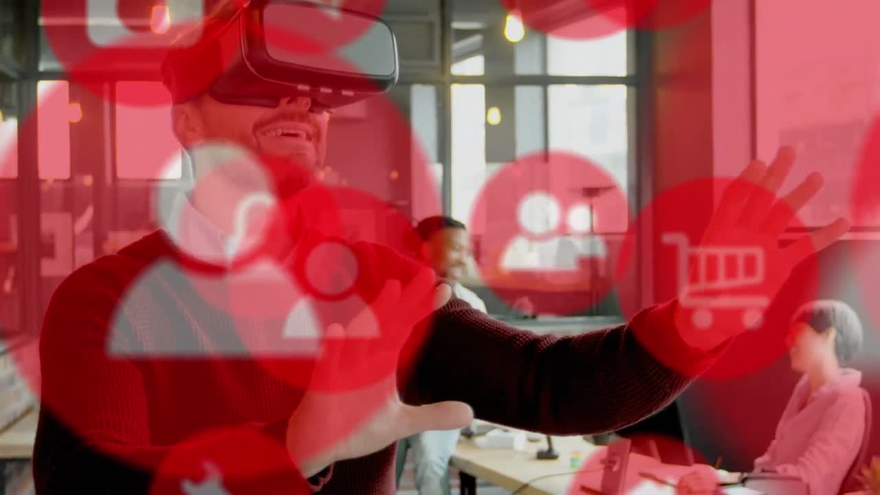 vr 헤드 ⁇ 을 착용한 백인 사업가에 대한 디지털 아이콘의 애니메이션