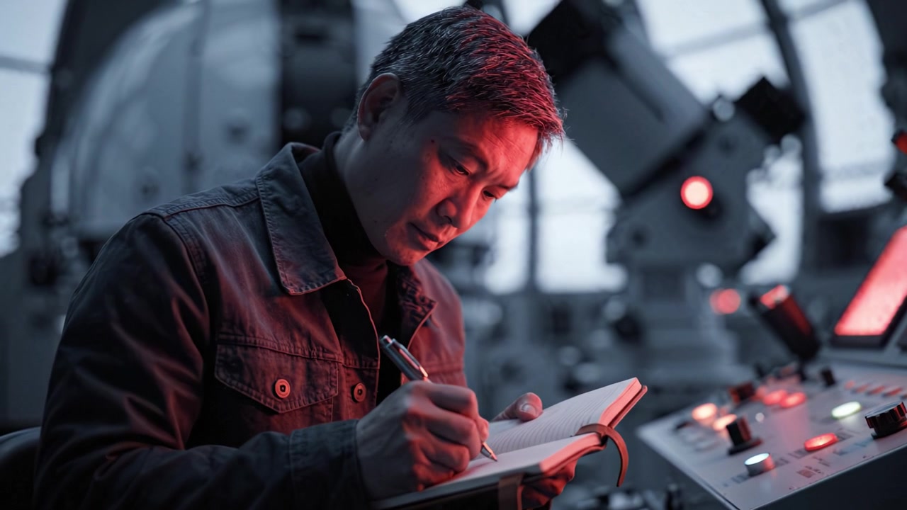 A focused technician meticulously documents observations in a dimly lit control room, surrounded by complex instruments and glowing red indicators during nighttime work.