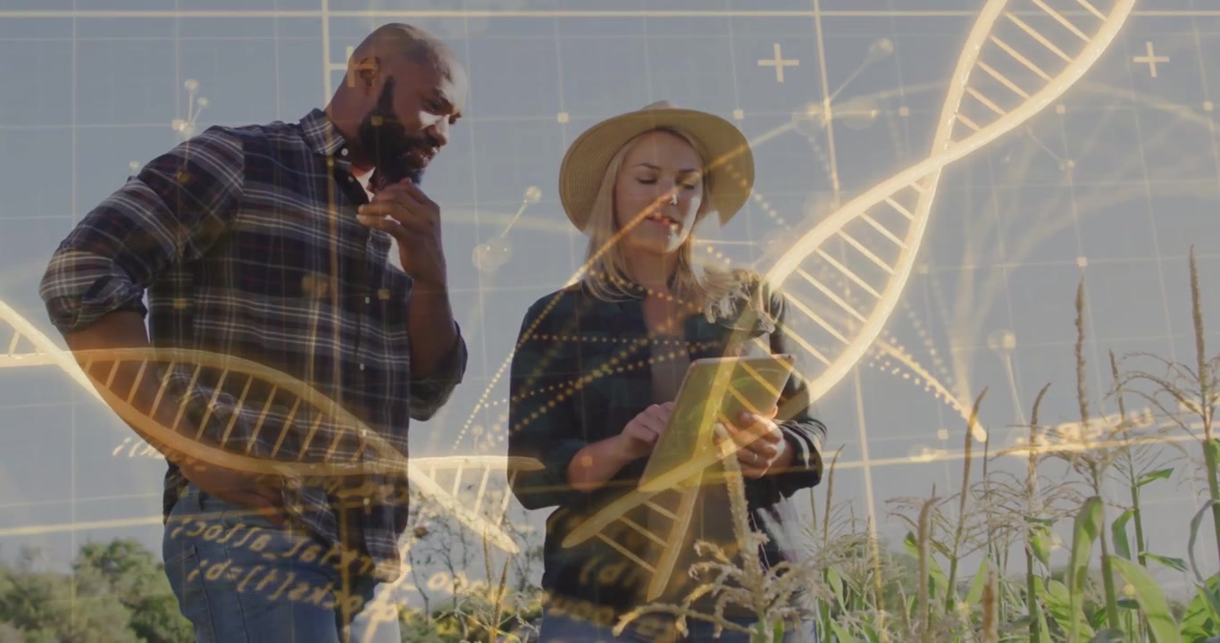Woman tapping tablet man leaning and studying farm while DNA helix pulsing guiding farm inspection