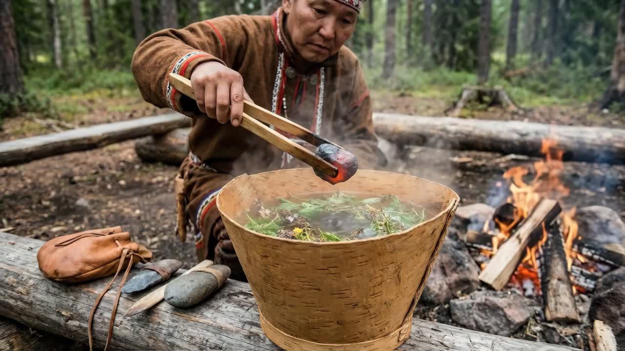 Perinteinen ruoanlaittomenetelmä käyttäen tuohikonttia ja kuumia kiviä