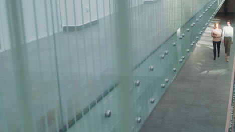 dos colegas femeninas que van a lo largo del edificio de la oficina y se comunican