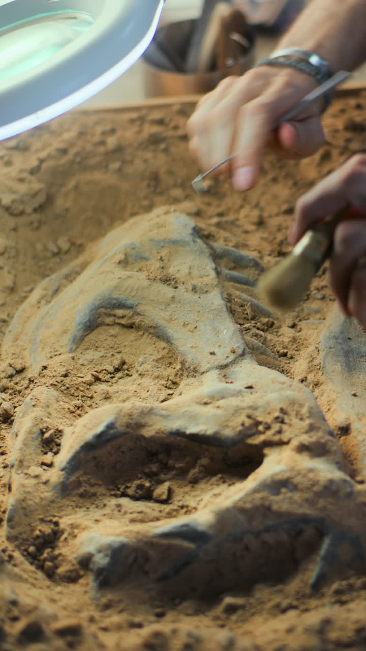 Archaeologist or paleontologist carefully excavating a fossil or ancient artifact