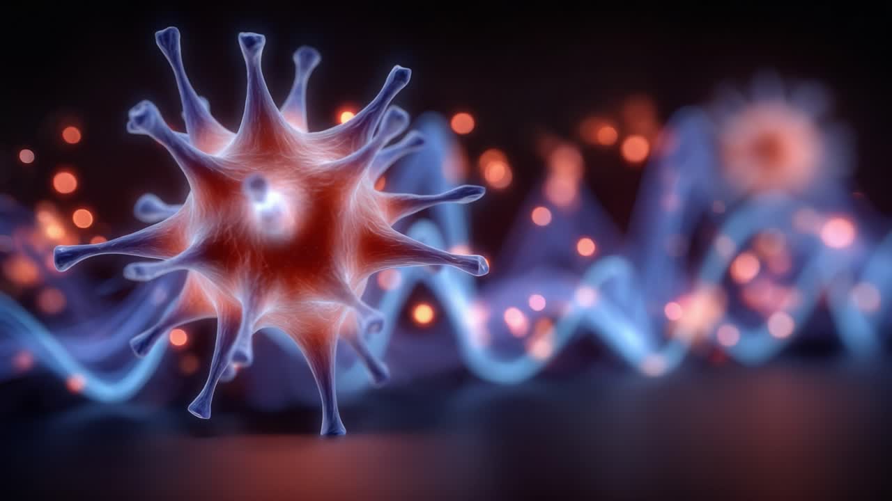 Detailed Visualization of Viral Structures Intertwined with Genetic Information, Showcasing the Interaction Between Microorganisms and Genetic Material