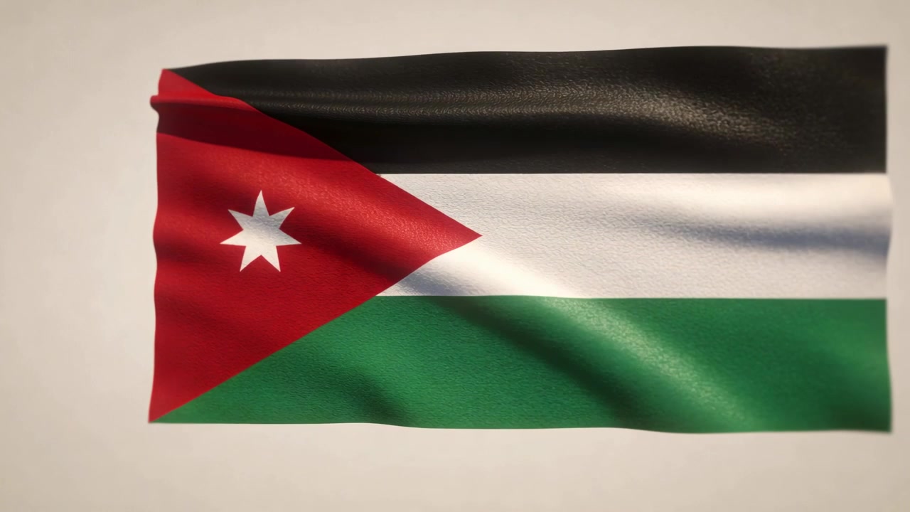 Bandeira nacional da Jordânia tremulando com fluxo de ar constante em estúdio, fundo creme com luz suave.