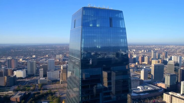 Torre di vetro centrale si affaccia su densi isolati del centro e sull'orizzonte lontano, mostrando riflessi blu, luce solare intensa, architettura moderna e pulita, e un vasto sfondo urbano da una vista aerea elevata
