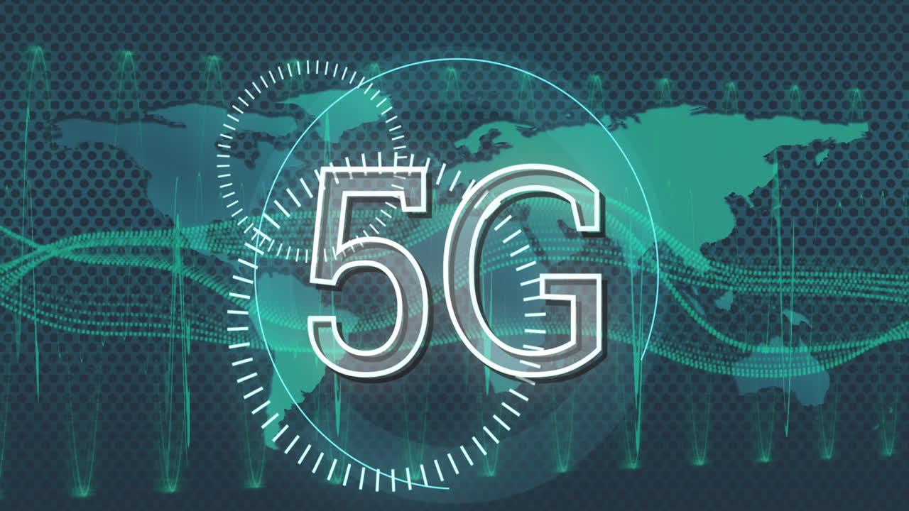animación de 5g sobre el mapa del mundo y fondo verde