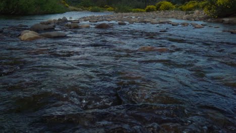 slow motion tilt reveal of water flowing over rocks in a creek with mustard flower bushes along the rocky bank