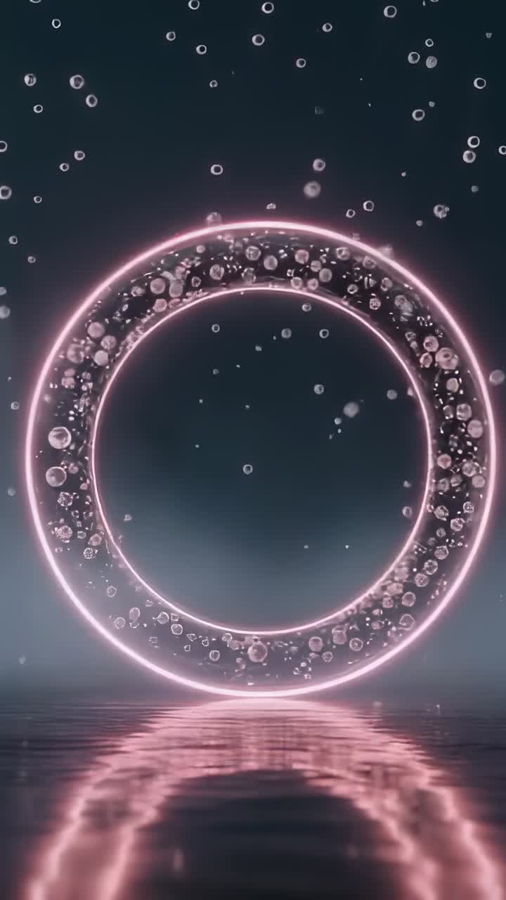 Vertical video: Emerging neon-pink ring pulsing above water, sparking bubbles drifting around