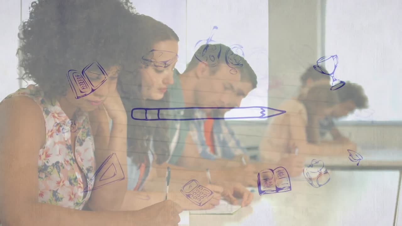 학교 수업에서 행복한 양색 여성과 다양한 십대 학생에 대한 교육 아이콘의 애니메이션