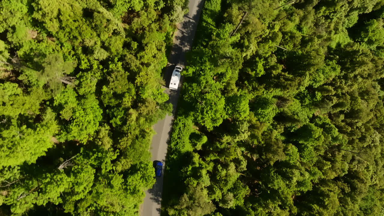 Immagine aerea con drone di un camper e un'auto che percorrono una strada tortuosa in montagna.