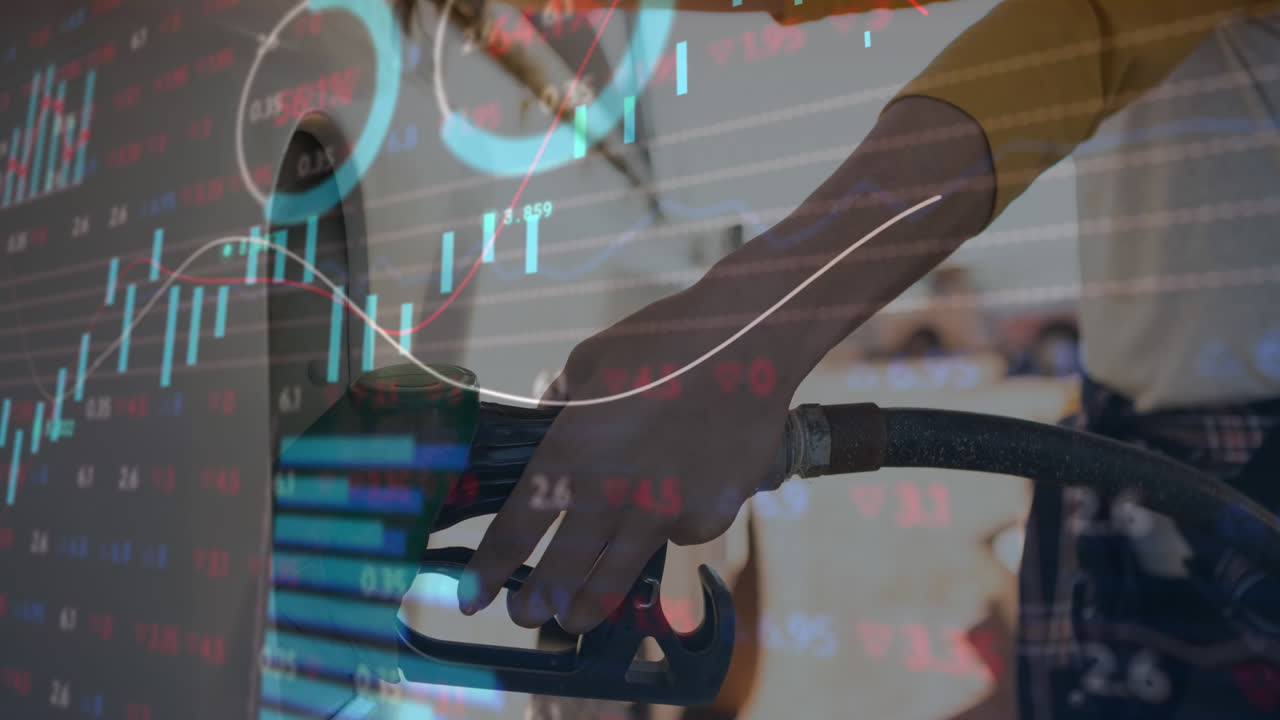 Animation of data processing over caucasian woman fueling car