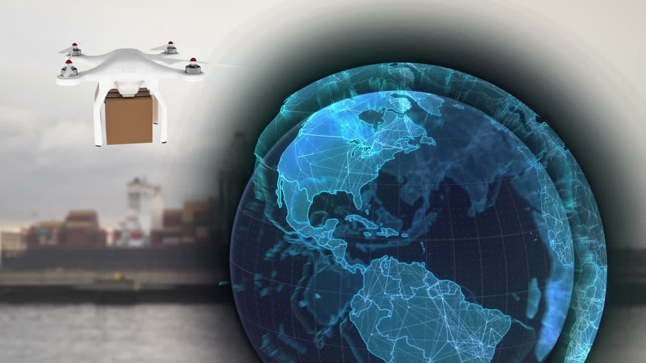 드론을 통한 연결 네트워크의 애니메이션과 조선소를 통한 패키지