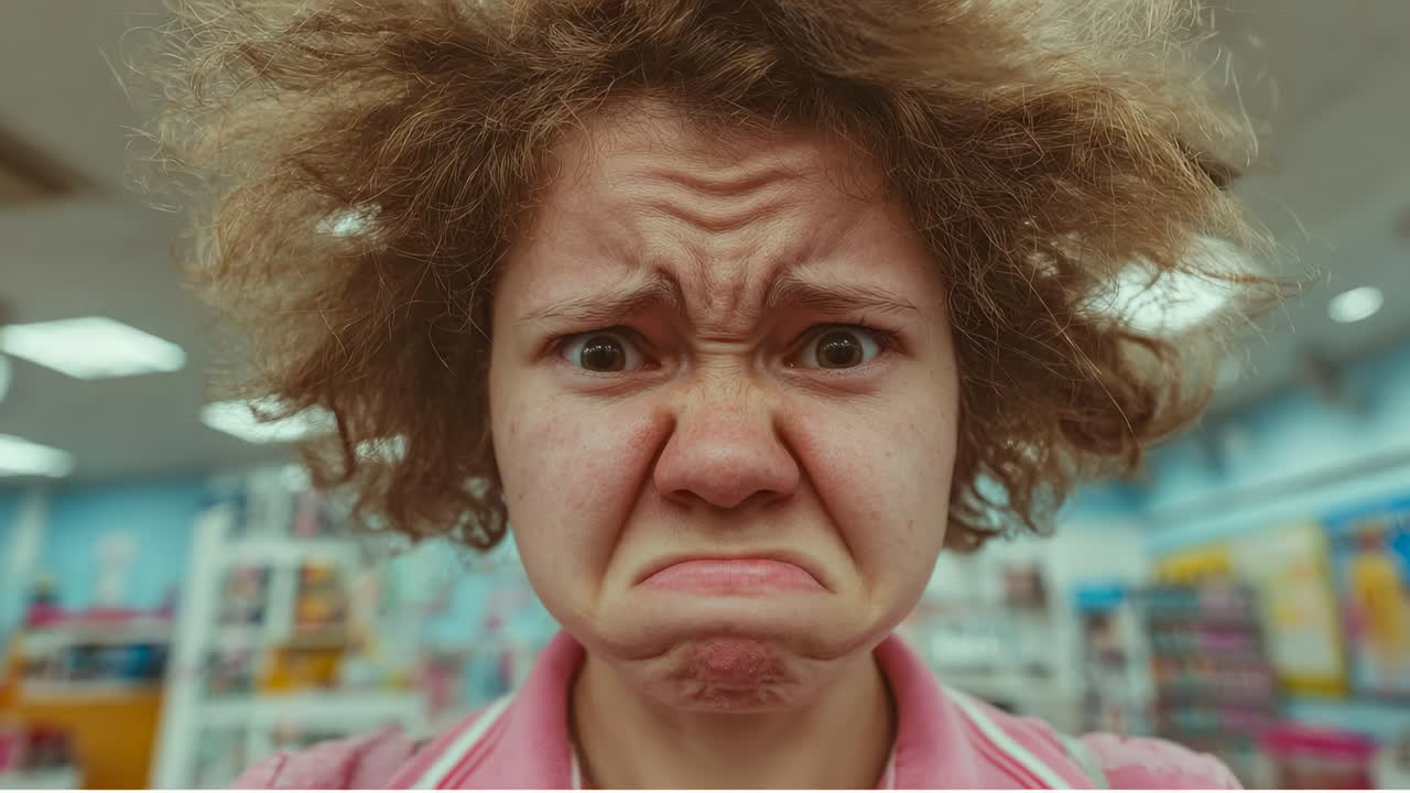 A girl looks frustrated in a store. A girl looks frustrated in a store. Her messy hair and frown show her strong feelings about something
