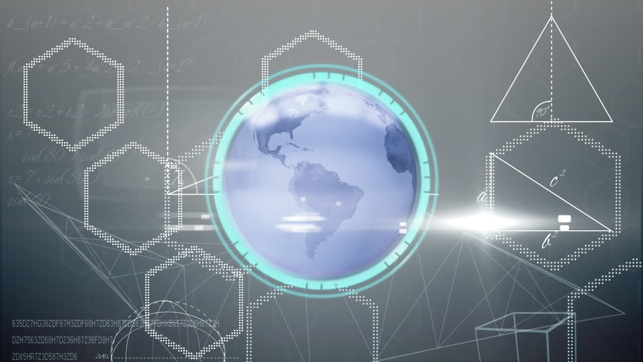 시계 이상으로 빠르게 움직이는 지구와 기하학적 모양의 애니메이션