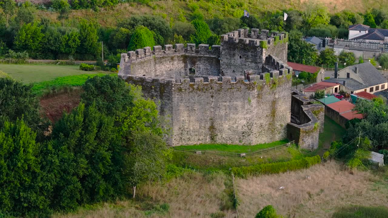 Ancient Stone Castle Of Moeche In San Xurxo de Moeche, A Coruña, Spain. Aerial Pullback Shot