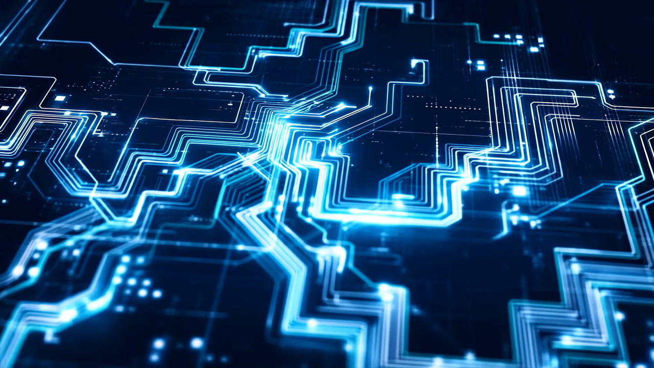 Glowing Blue Circuit Network Hightech Data Visualization Showing Electric Pathways And Pulsing Signals