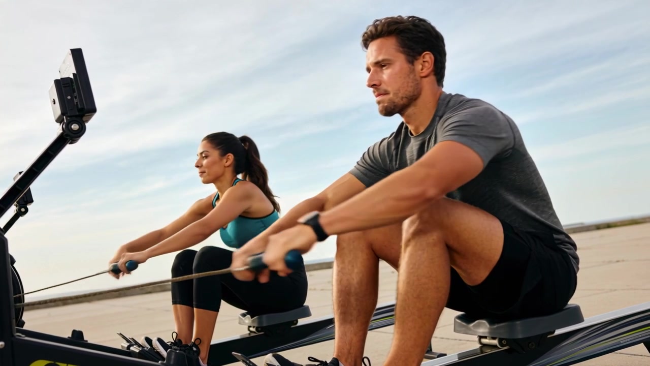 Rowing pair starting on rowers on pavement, woman teal, man gray reaching monitor for syncing pace