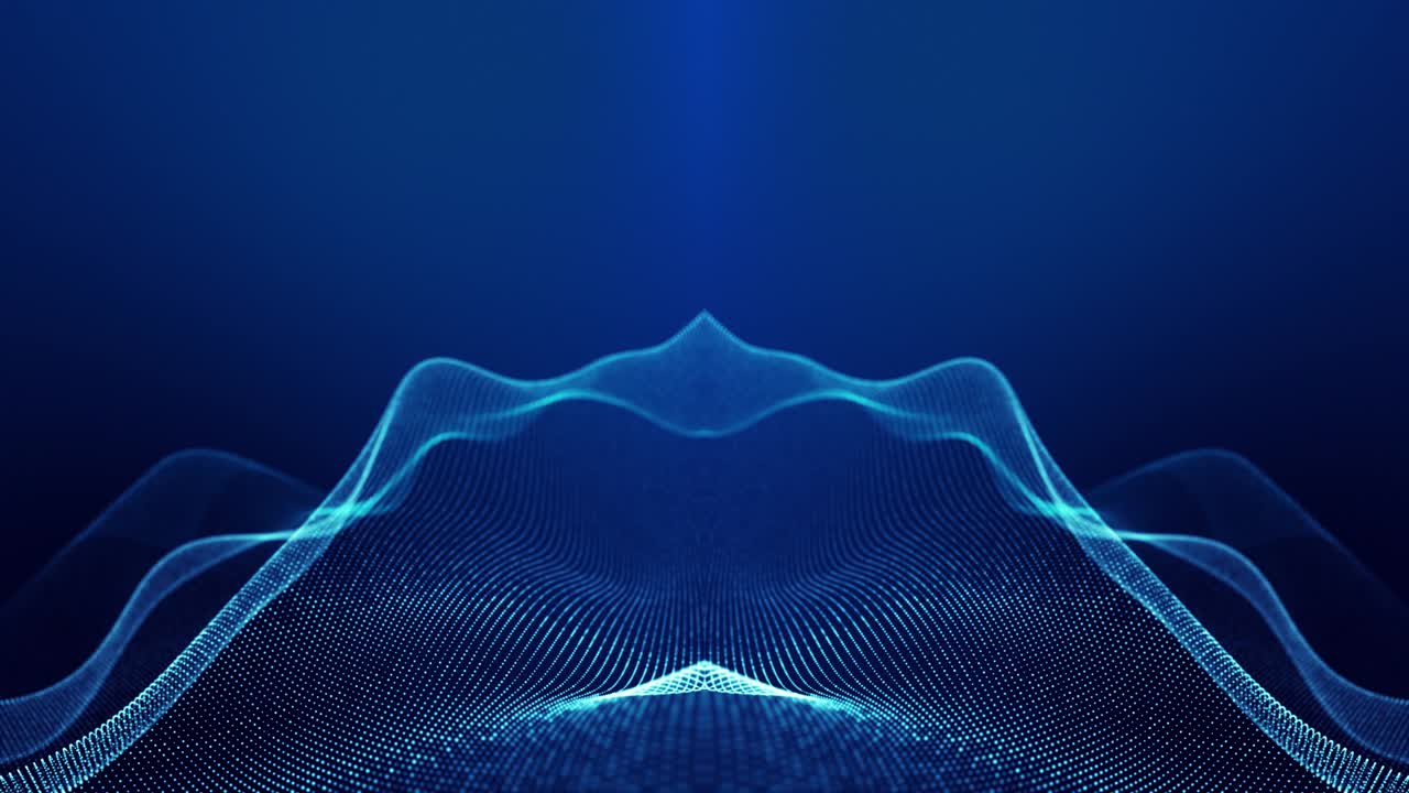 4k 루프 추상 파란색 배경은 반이는 입자가 구부러진 선을 형성하고, 표면은 대칭 구조를 형성합니다.