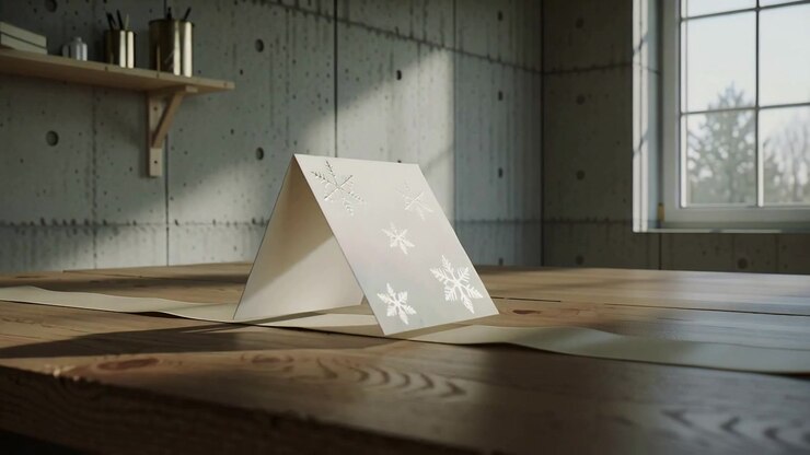 Panning camera revealing tent-fold greeting card on wooden workbench, highlighting snowflake motifs