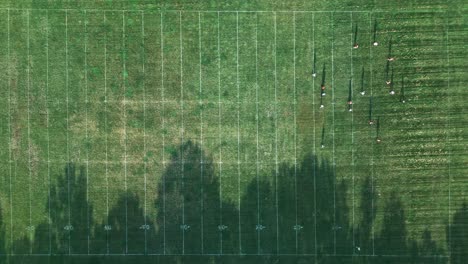 overhead aerial drone shot of soccer game on football field at golden hour