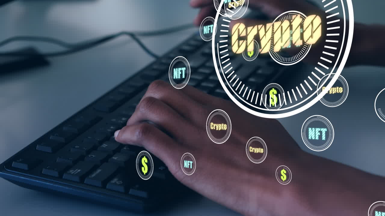 Crypto concept texts on multiple round scanners against close up of person hands using computer