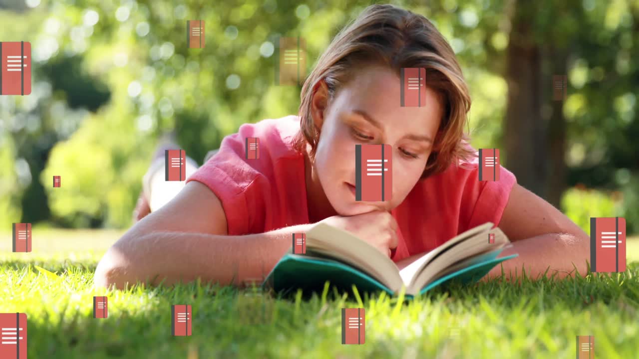 animación de libros iconos sobre mujer caucásica leyendo un libro en el parque