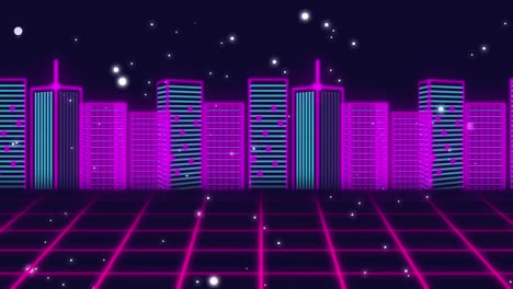 Animation-of-pink-and-blue-cityscape-over-grid-moving-in-seamless-loop-