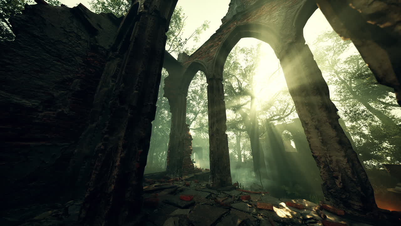 숲 속 의 고대 유적 들 을 비추는 빛