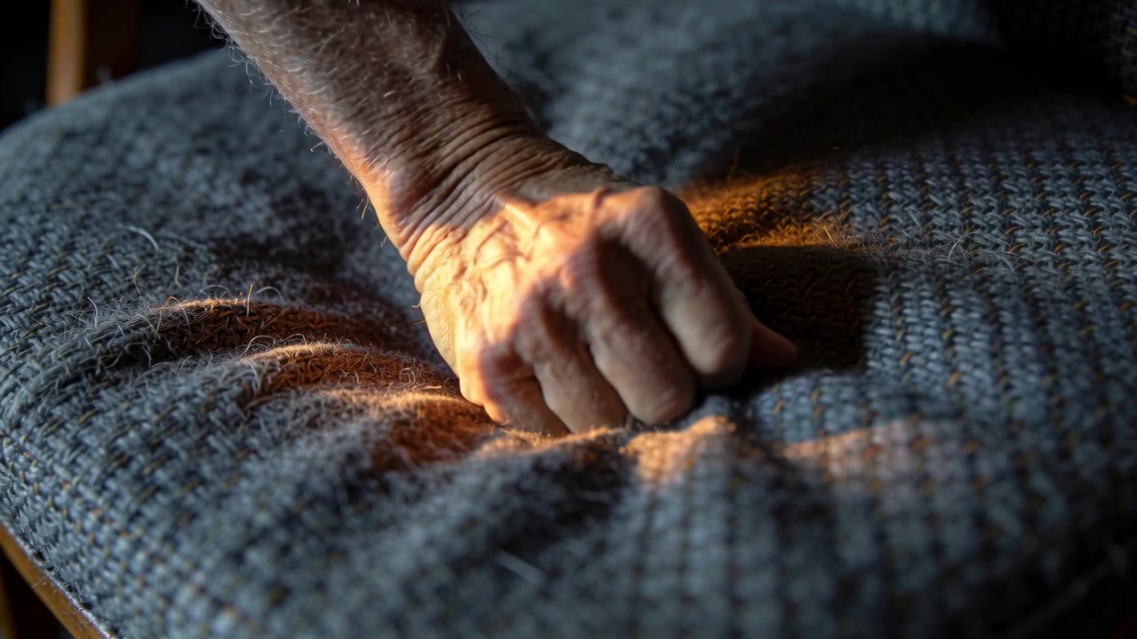 En äldre hand bildar en lös knuten näve, pressar och slätar ut en stickad kudde hemma, med stolskanten belyst.
