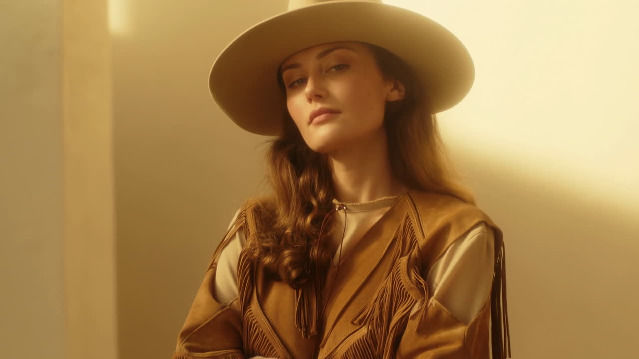Sunlit Cowgirl Portrait Woman In Hat, Golden Hour Glow With Soft Shadows, Suede Fringe Jacket, Contemplative