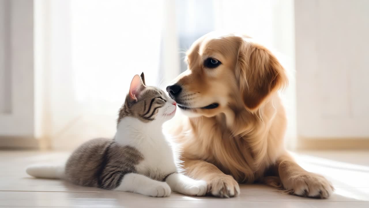 A heartwarming video scene of a cat and dog lying on a sunlit floor, captured from a low angle
