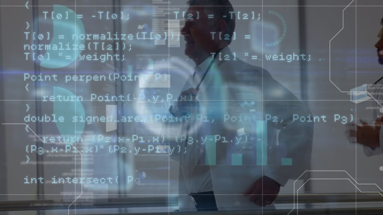 Animation of data processing over caucasian male doctor running