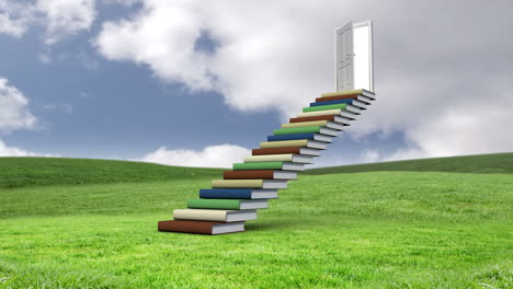 stair made of books with an opening door on a green commun field