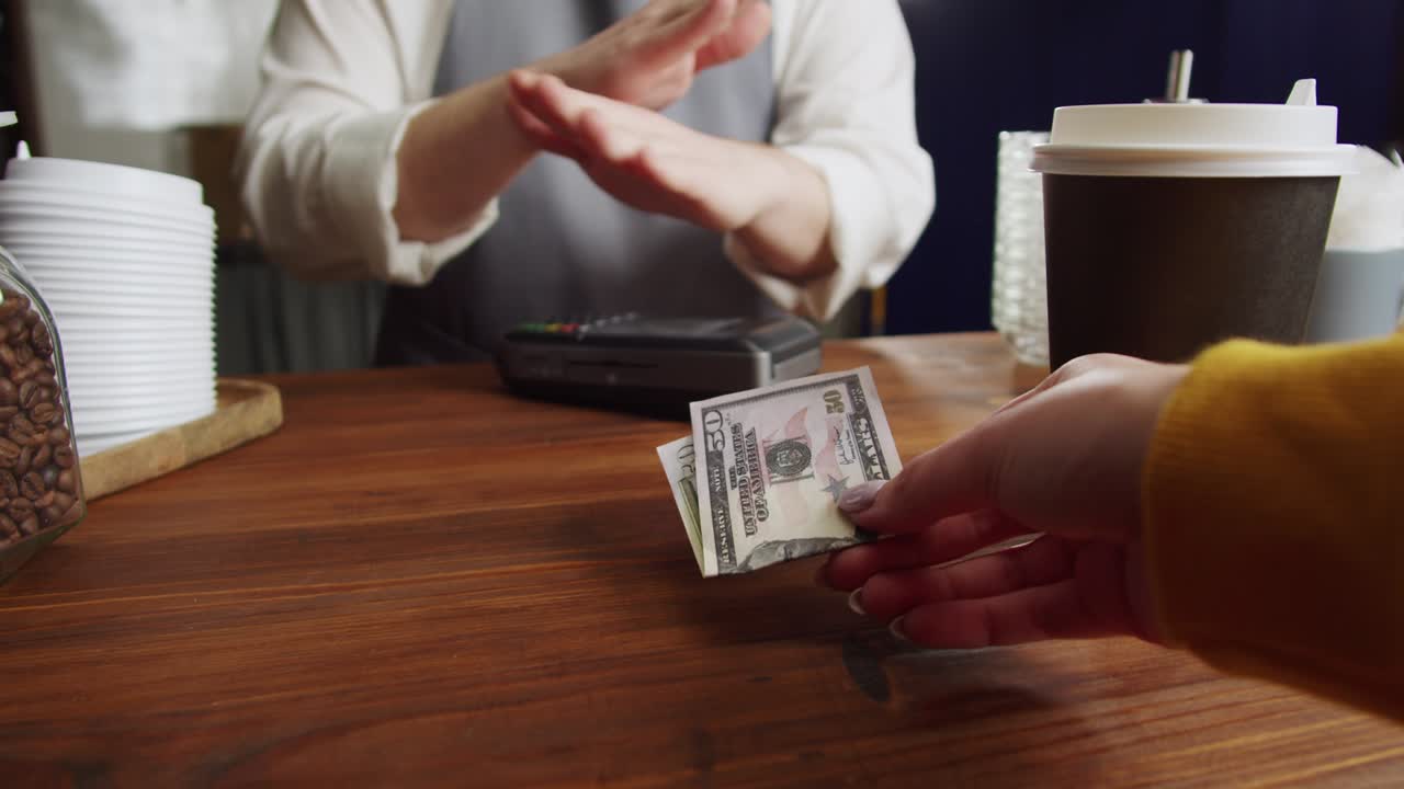 No cash payment in a restaurant. Only contactless shopping, NFC technology concept, touch-free paying.