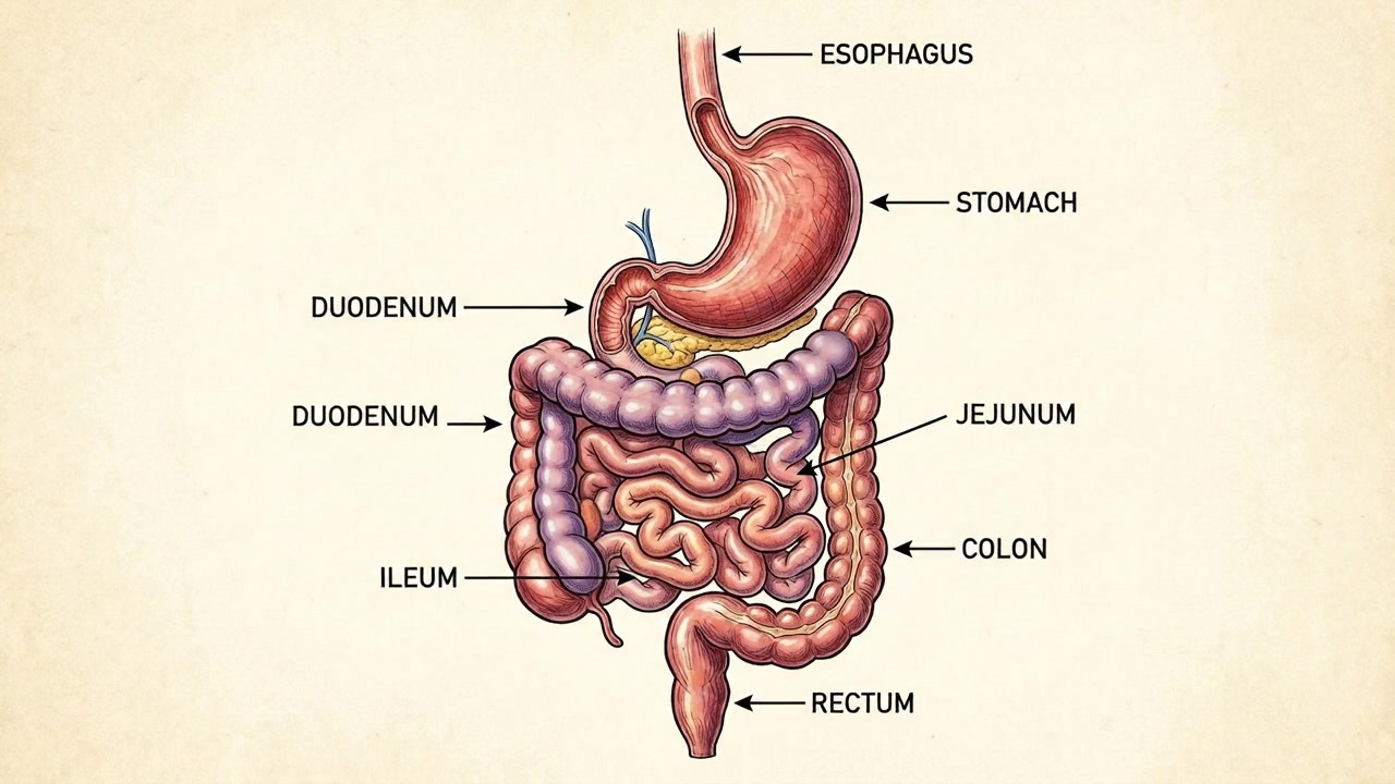 Anatomical medical illustration of human digestive system