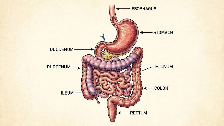 Anatomical medical illustration of human digestive system
