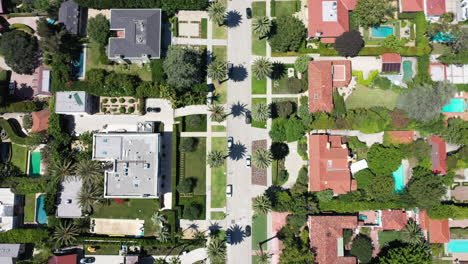 drone slowly zooms in on palm tree lined street with silver car driving, surrounded by small mansions in beautiful west hollywood, california neighborhood