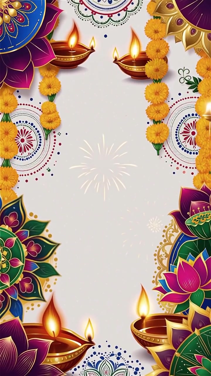 Sfondo Diwali con Diyas luminosi, Rangoli e fiori di loto
