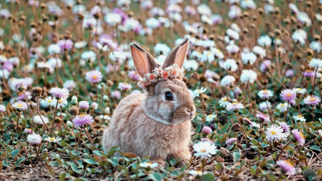 Close-up video angle of a cute rabbit wearing a floral crown