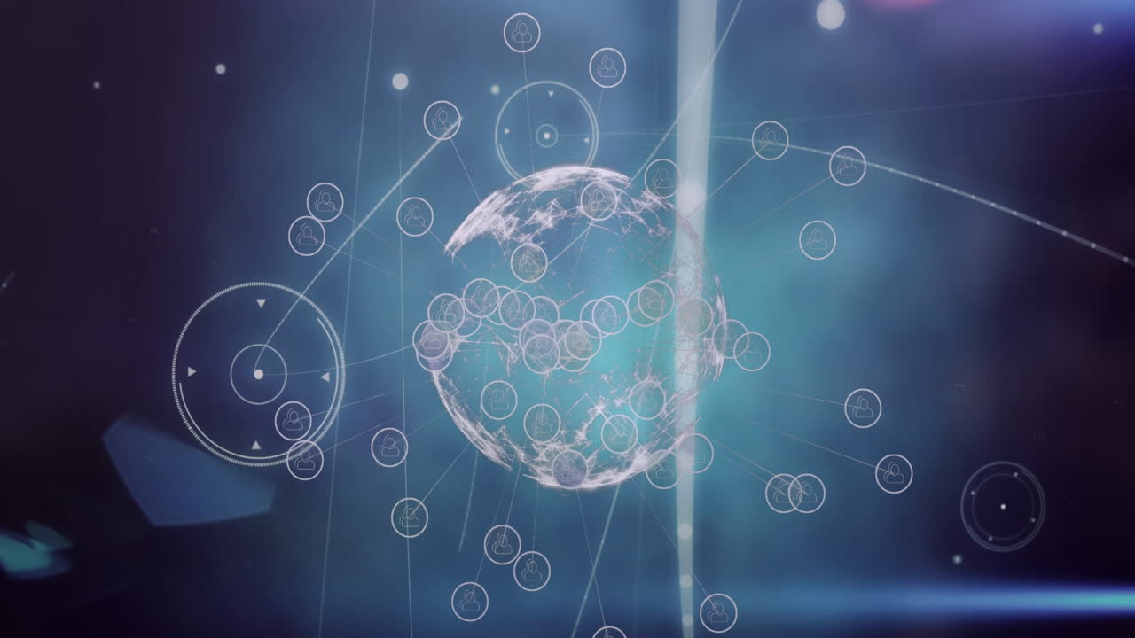 추상적인 배경에 연결된 점 위에 전 세계의 아이콘의 애니메이션