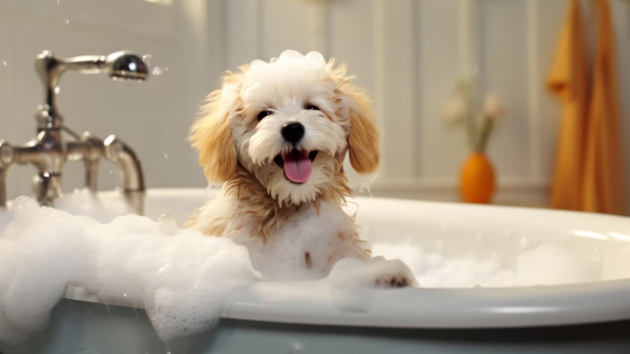 A playful puppy enjoys a bubble bath in a bright bathroom. Captured from a low angle, this video