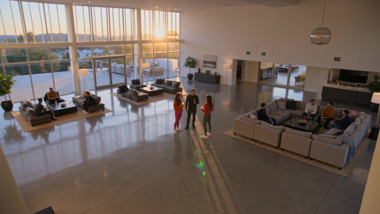 Sol cambiando, trío central de pie y hablando junto a ventanas altas en un salón, ropa elegante durante una reunión.