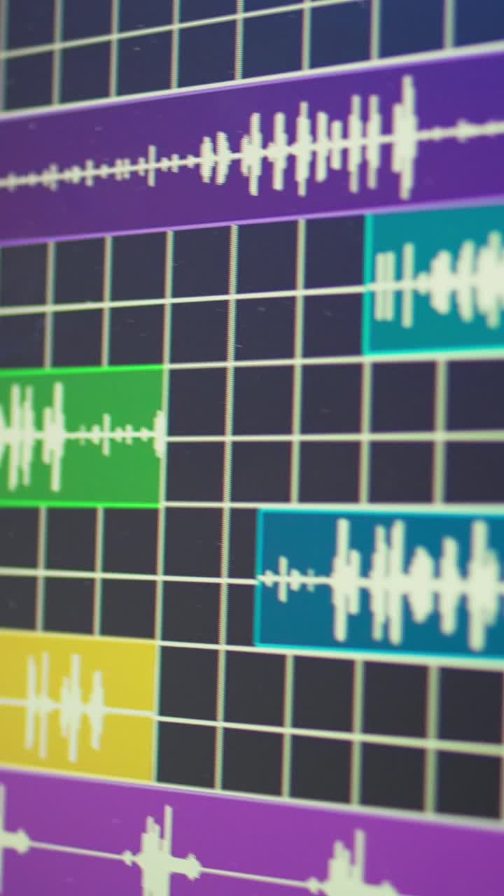 Close-up of Digital Audio Workstation Displaying Colorful Waveforms