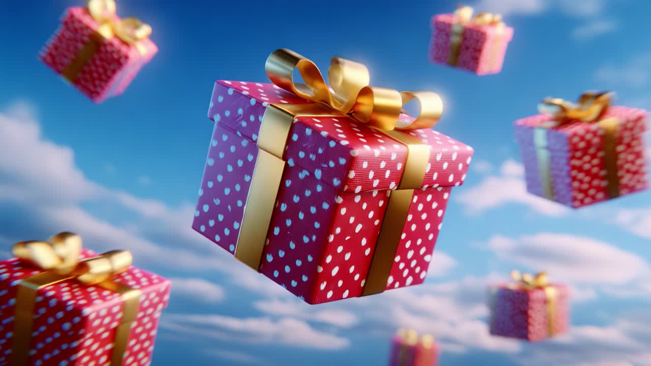 A Captivating Display of Floating Gift Boxes with Red Polka Dot Patterns and Golden Ribbons against a Beautiful Cloudy Sky, Perfectly Illustrating the Spirit of Celebration and Surprise